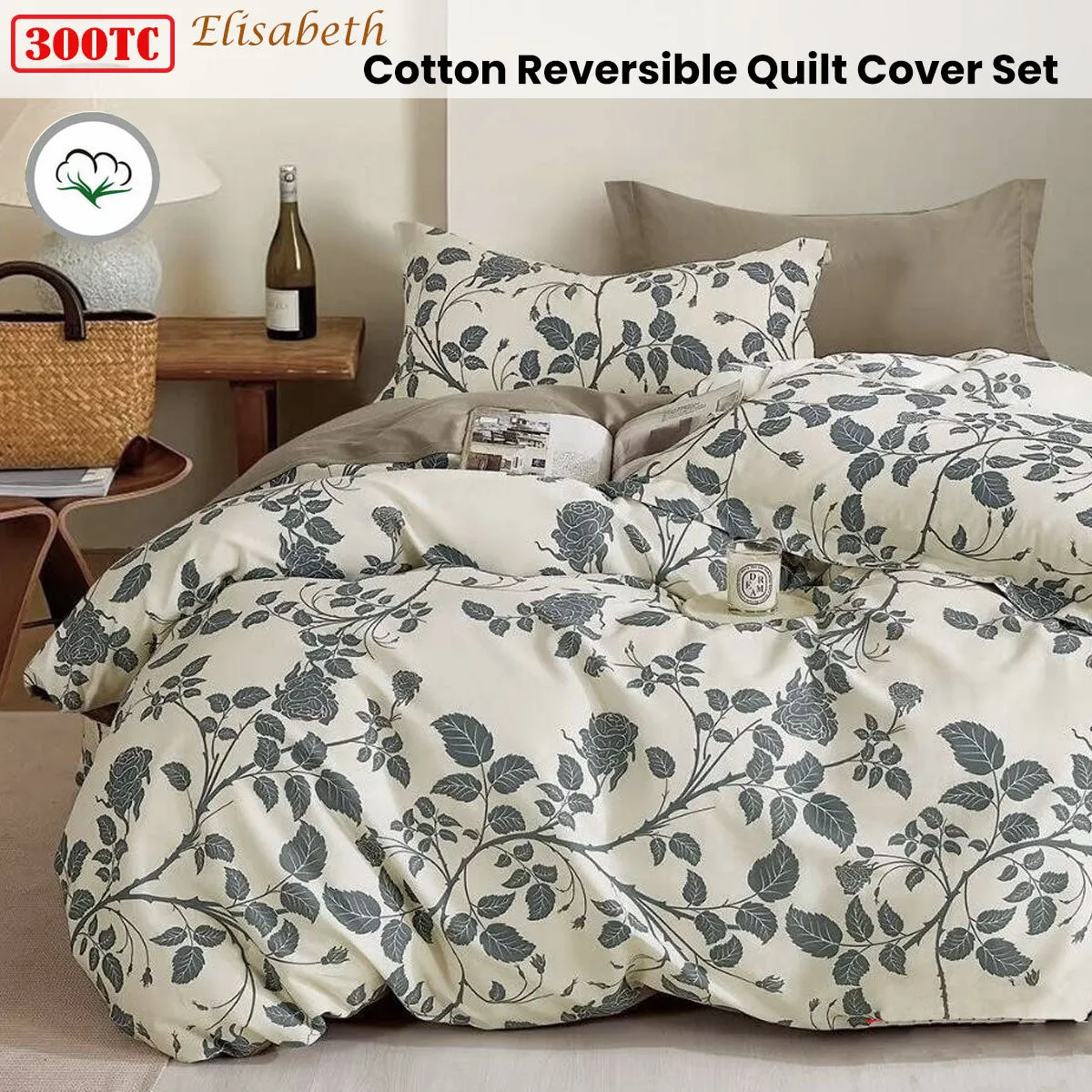 300TC Elisabeth Reversible Cotton Quilt Cover Set | King