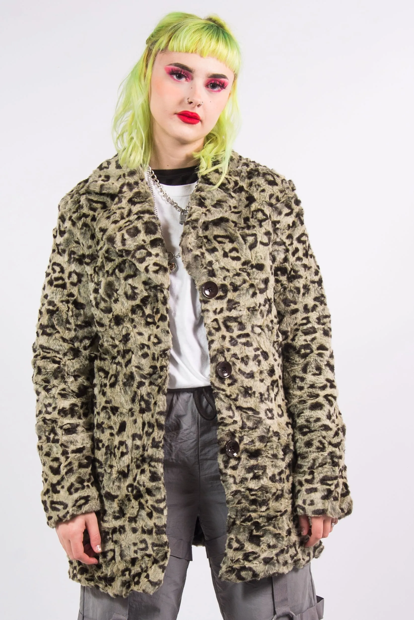 90's Vintage Leopard Print Faux Fur Coat