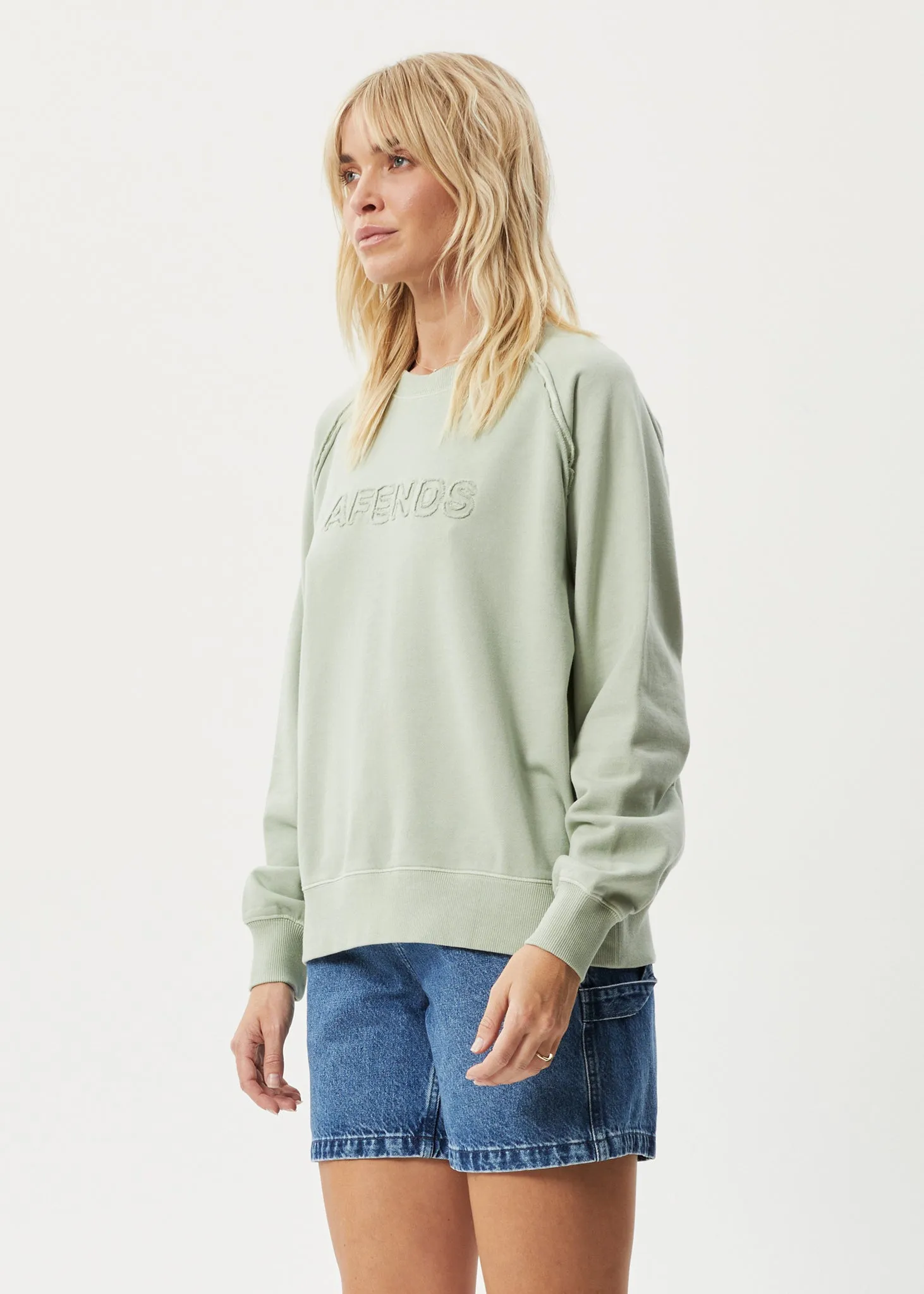 AFENDS Womens Cutback - Raglan Crewneck - Eucalyptus