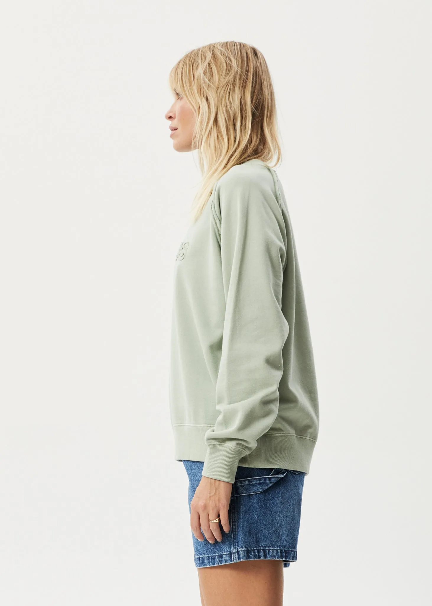 AFENDS Womens Cutback - Raglan Crewneck - Eucalyptus
