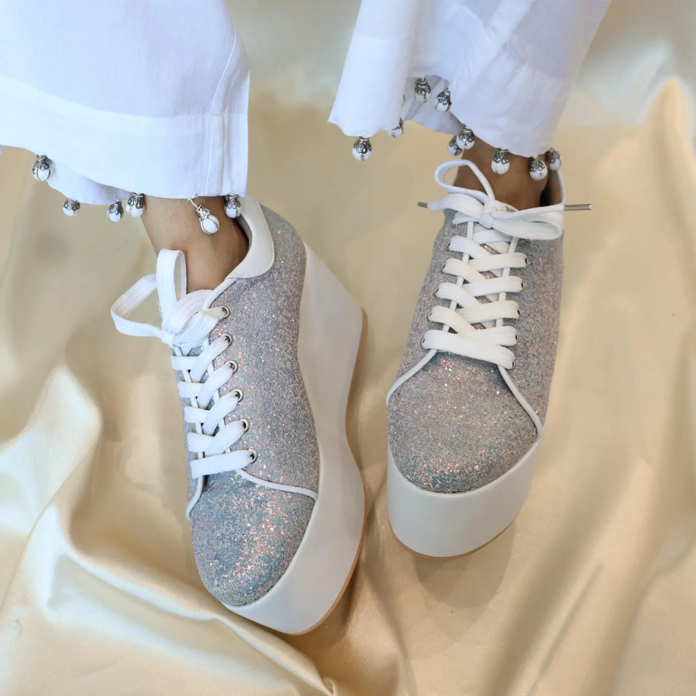 Begum White Bridal Sneaker Wedges - Customized Wedding Shoes
