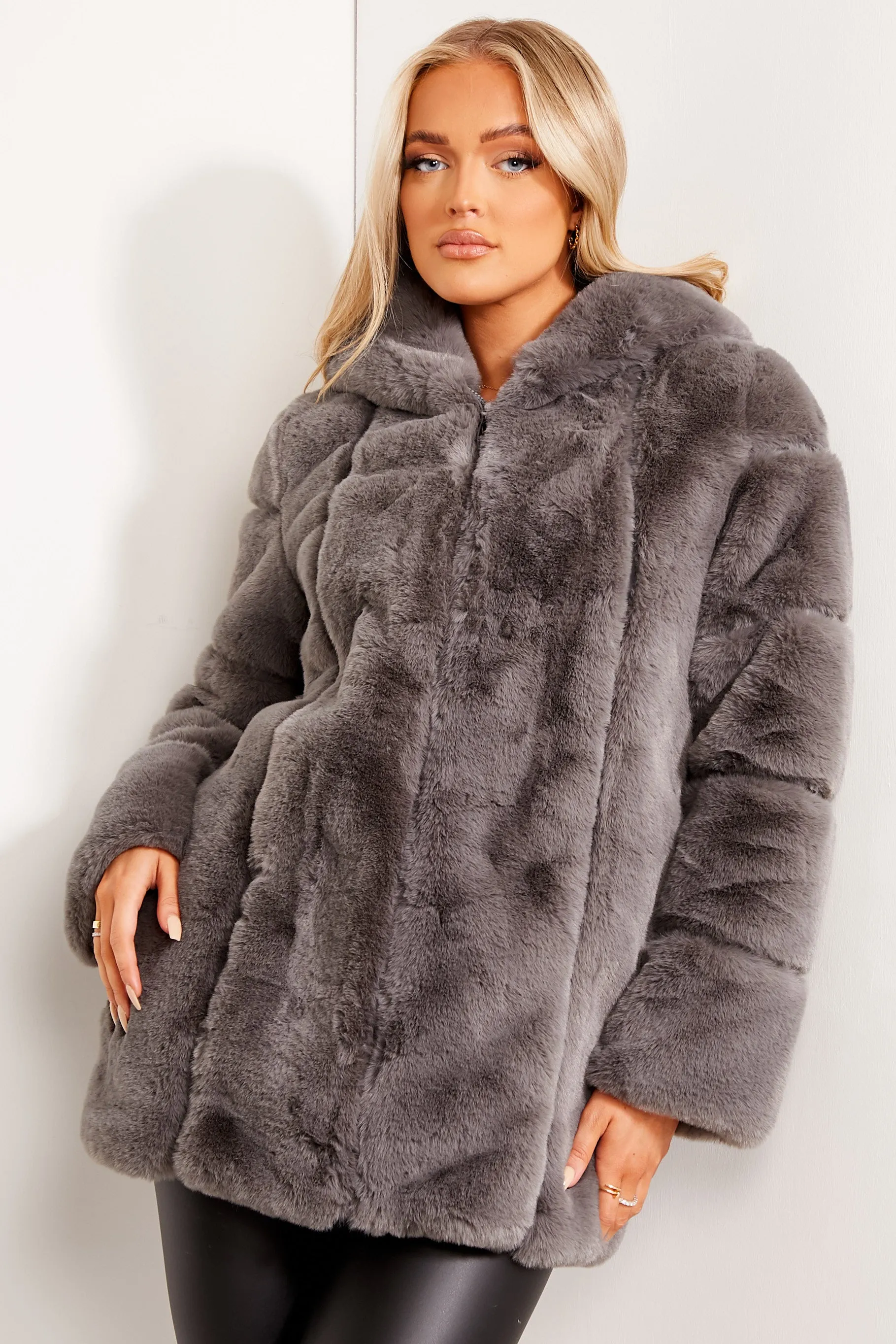 Charcoal Faux Fur Panelled Hooded Longline Coat