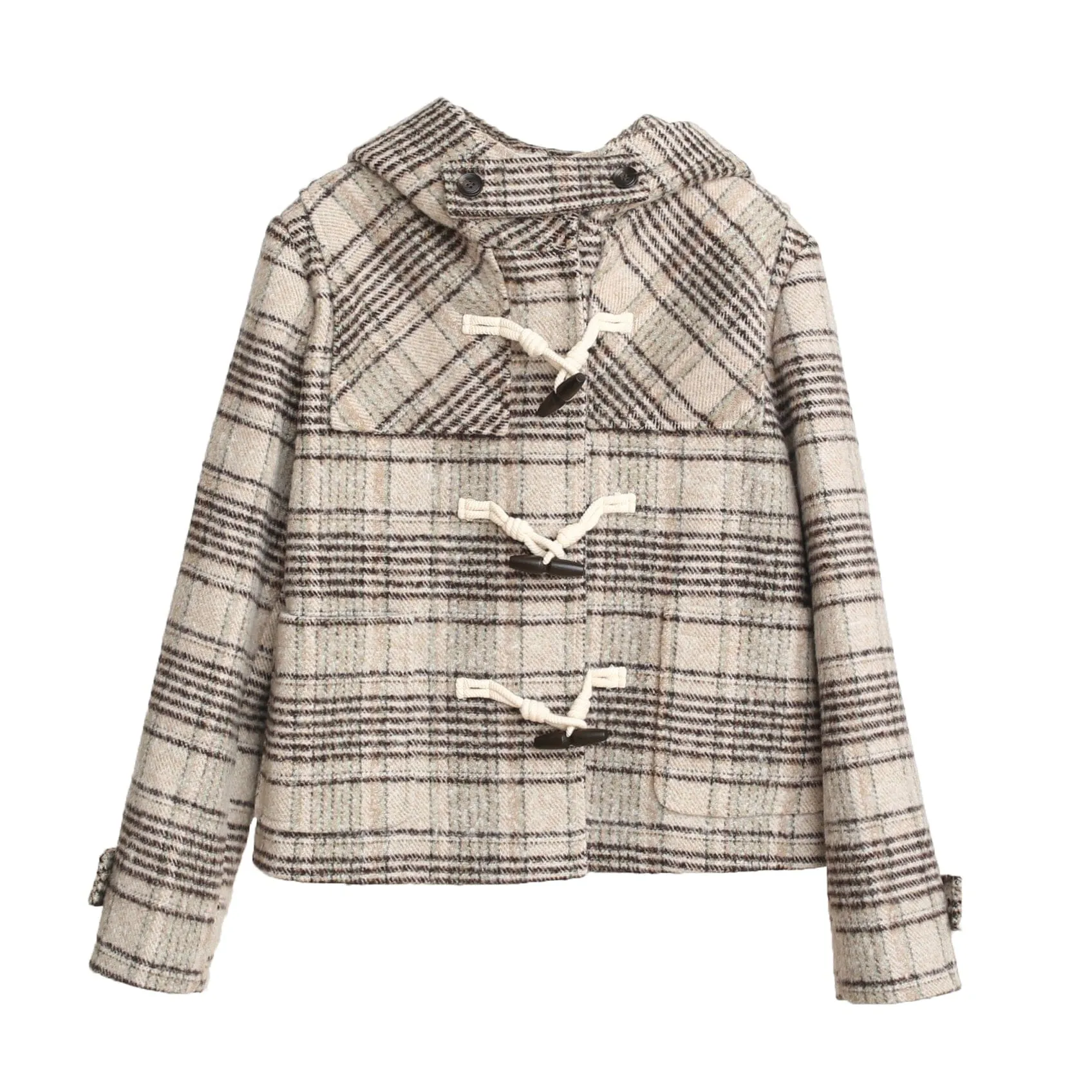 Check hoodie half duffle coat