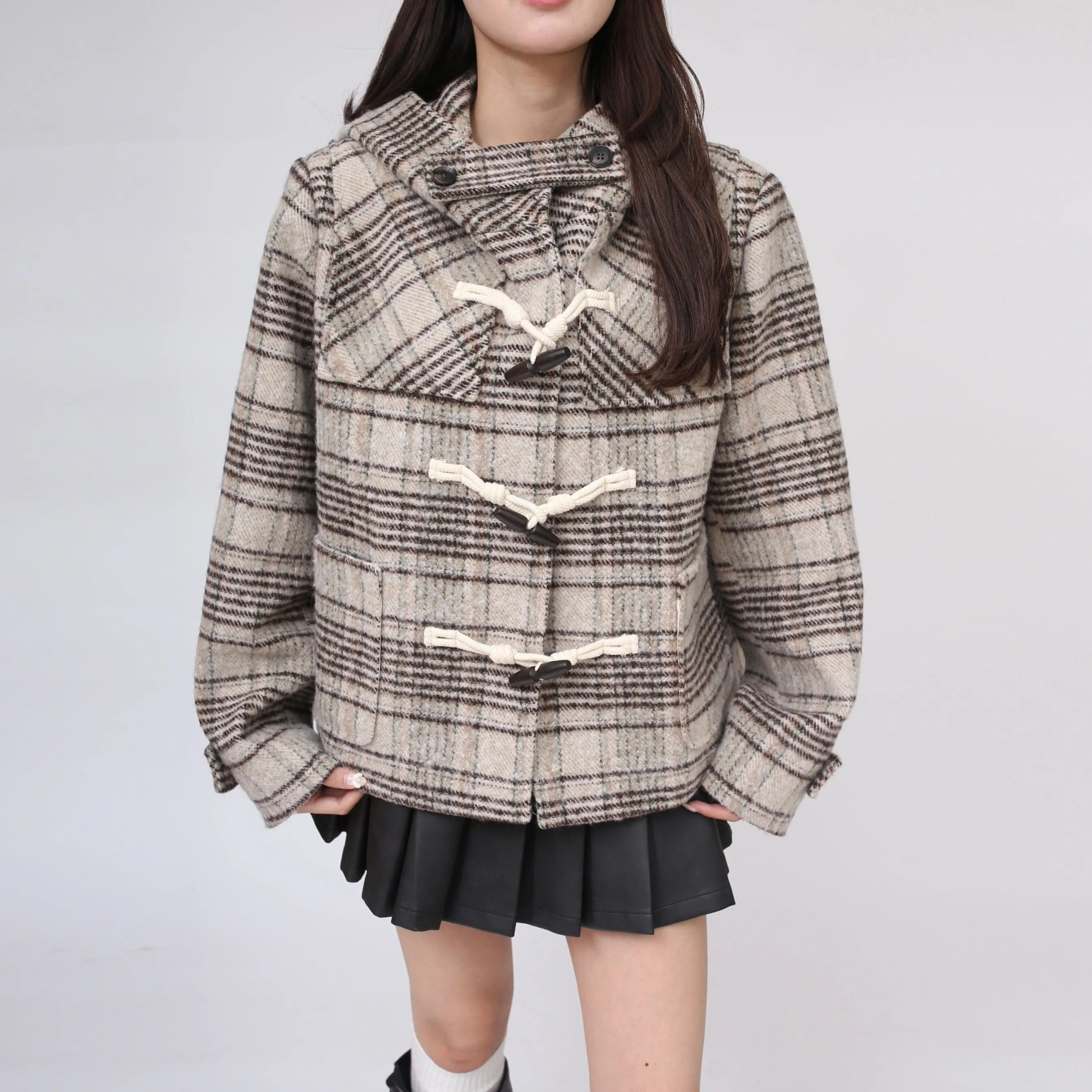 Check hoodie half duffle coat