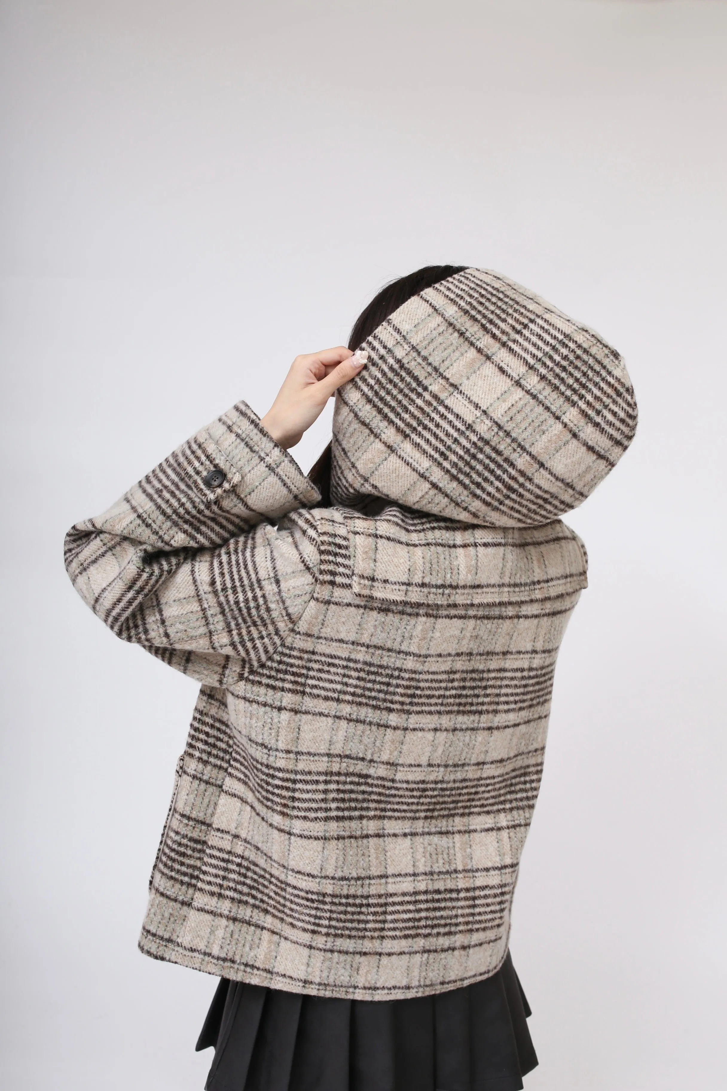 Check hoodie half duffle coat