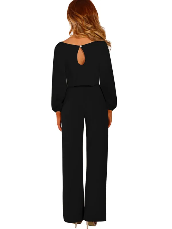 Crewneck Puff Sleeve Waist Tie Jumpsuit