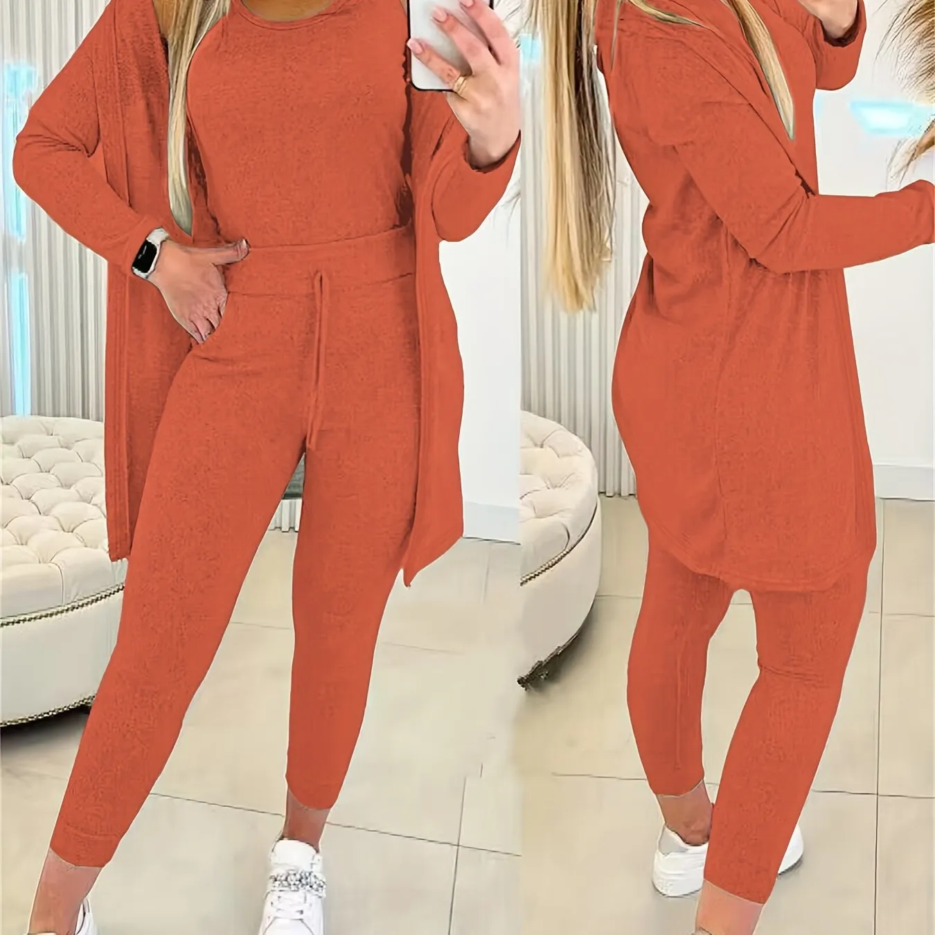 Crewneck Tank Top & Sweatsuit Pants with Long Sleeve Open Front Coat