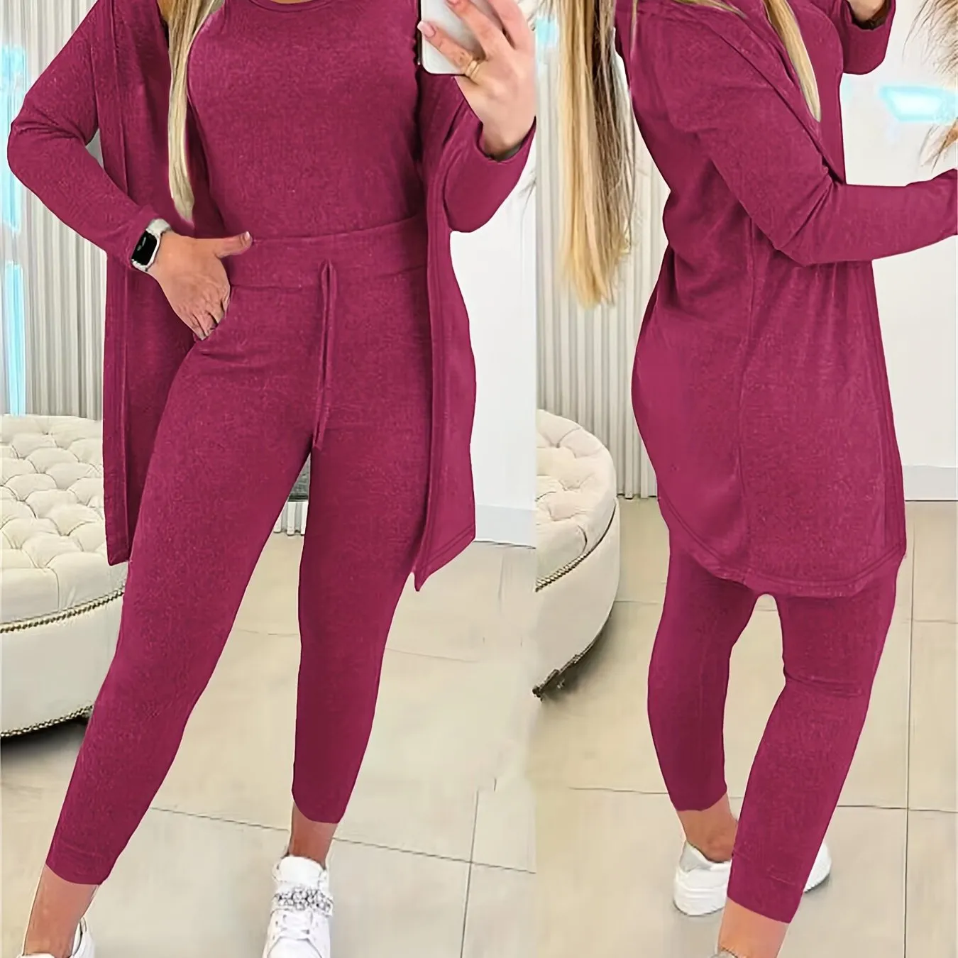 Crewneck Tank Top & Sweatsuit Pants with Long Sleeve Open Front Coat