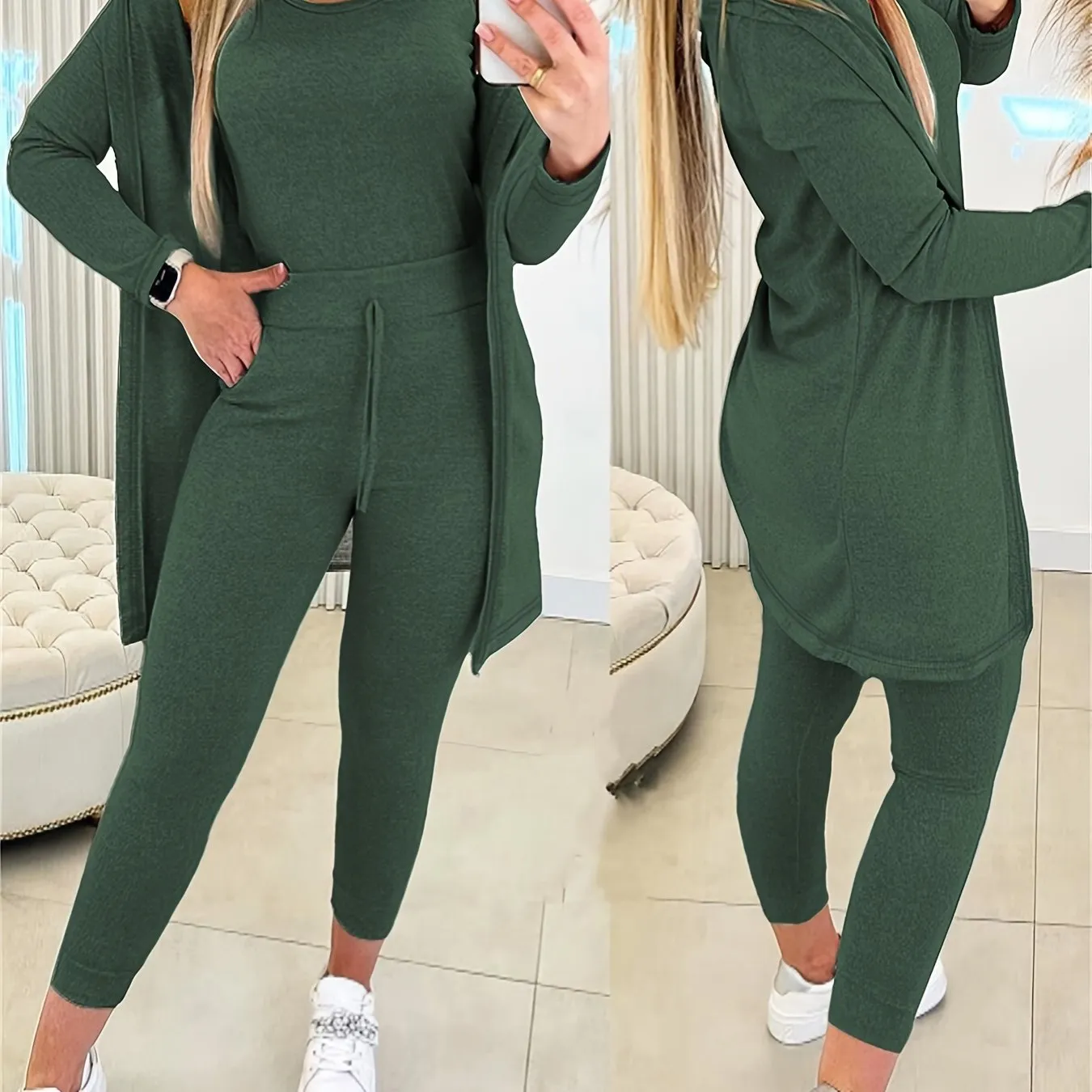Crewneck Tank Top & Sweatsuit Pants with Long Sleeve Open Front Coat