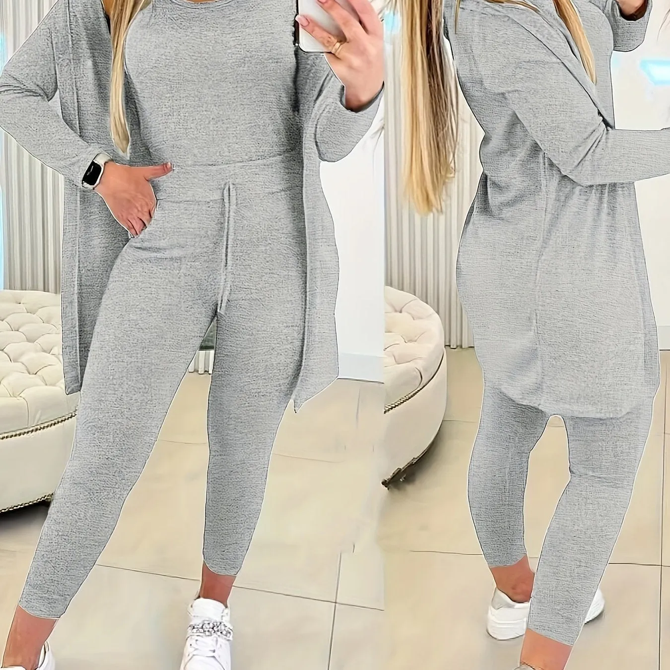 Crewneck Tank Top & Sweatsuit Pants with Long Sleeve Open Front Coat