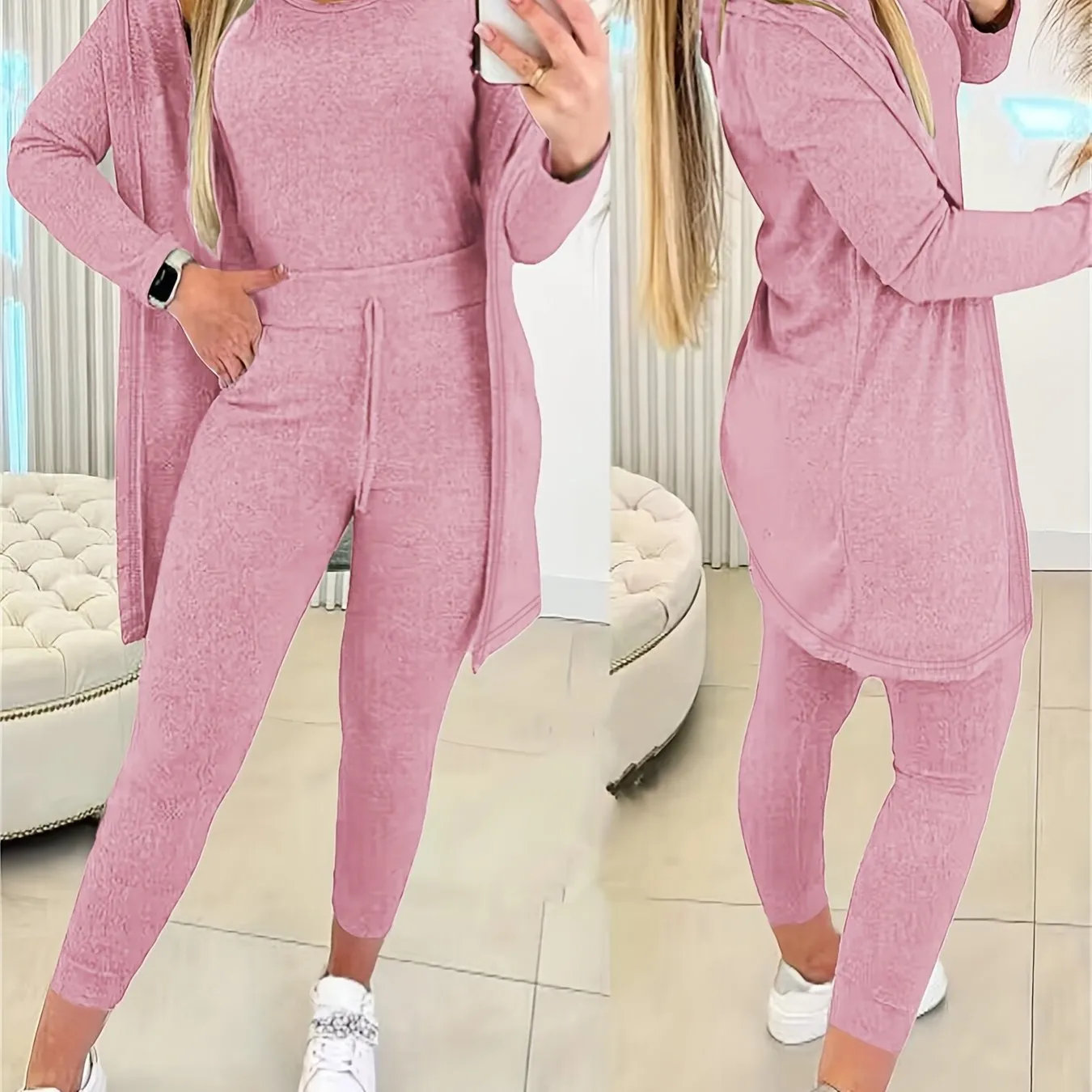 Crewneck Tank Top & Sweatsuit Pants with Long Sleeve Open Front Coat