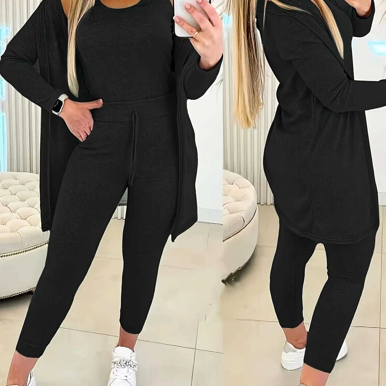 Crewneck Tank Top & Sweatsuit Pants with Long Sleeve Open Front Coat