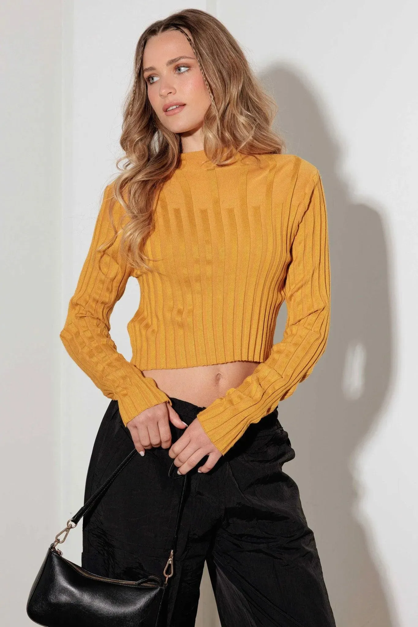 Cut Out Ribbed Pattern Long Sleeve Crop Sweater