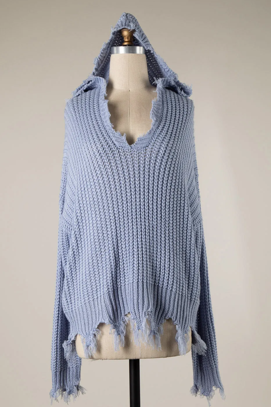 DISTRESSED HEM V NECK CABLE KNIT HOODIE SWEATER 1 PACK