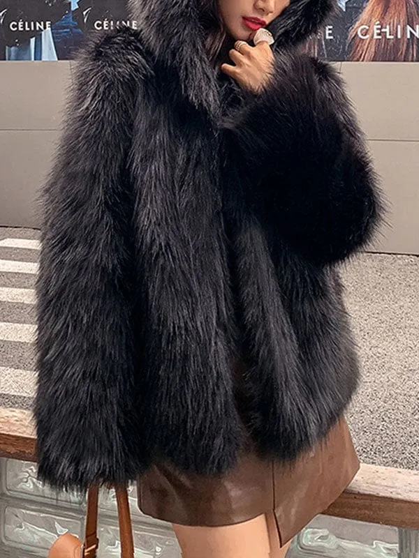 Faux Fur Coats For Women White Long Sleeves Hooded Polyester Apricot Short Winter Coat