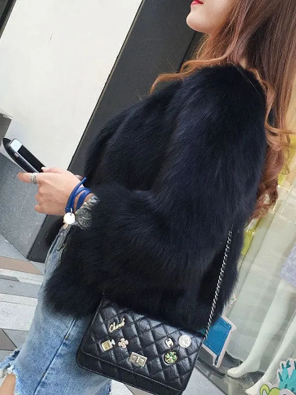 Faux Fur Coats Grey Long Sleeves Polyester Short Winter Coat