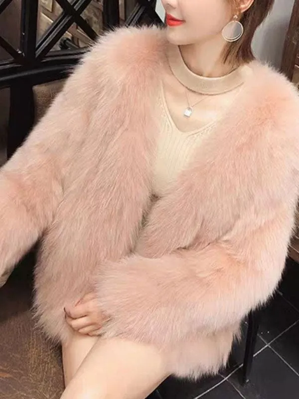 Faux Fur Coats Grey Long Sleeves Polyester Short Winter Coat