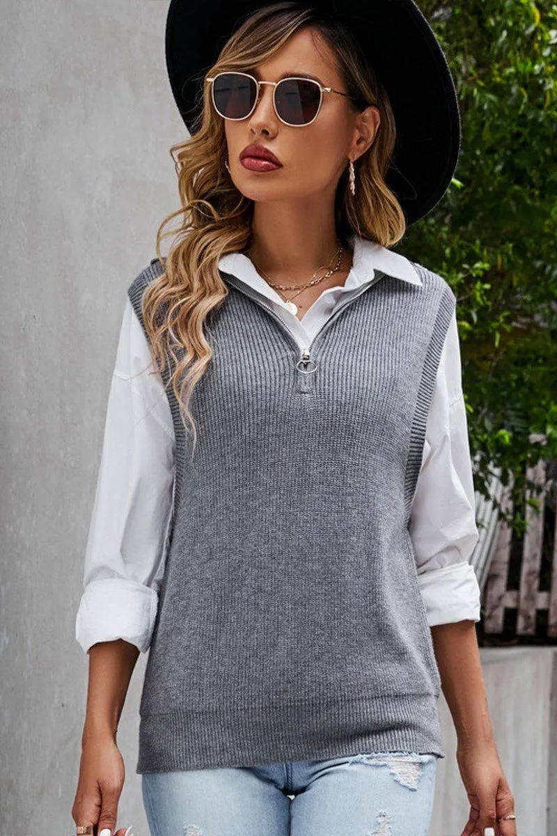 HIGH NECK HALF ZIP UP NECK KNITTED SWEAT VEST