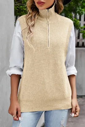 HIGH NECK HALF ZIP UP NECK KNITTED SWEAT VEST