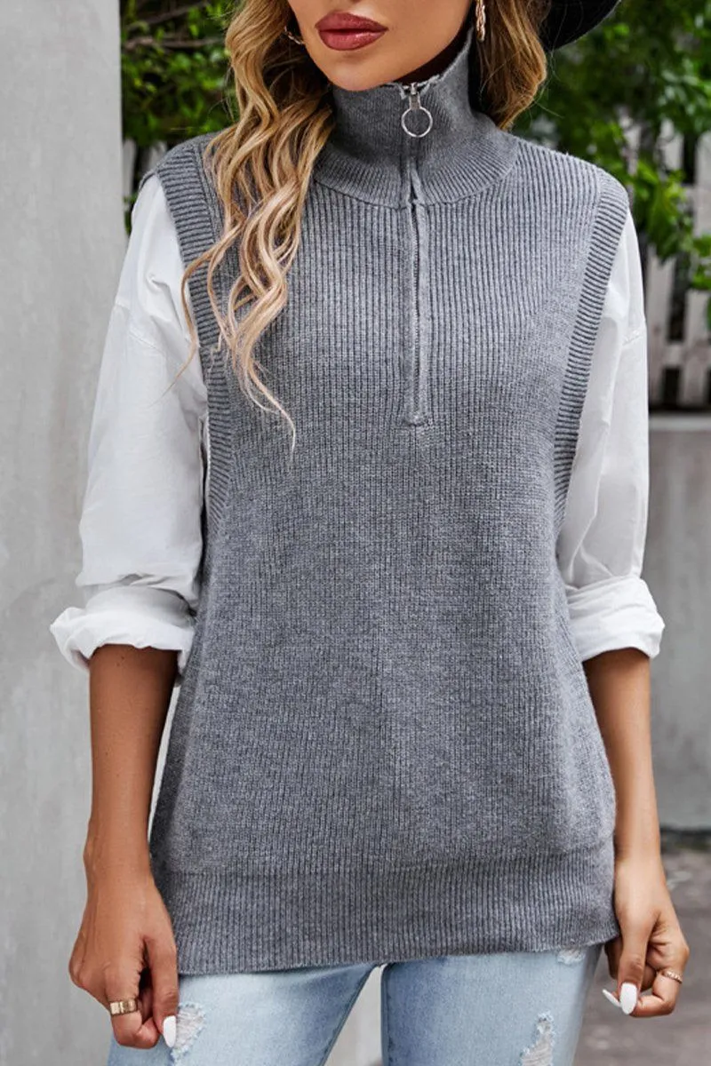HIGH NECK HALF ZIP UP NECK KNITTED SWEAT VEST