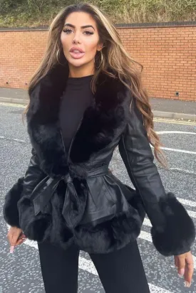 Joci Black PU Faux Leather Faux Fur Trim Hooded Coat