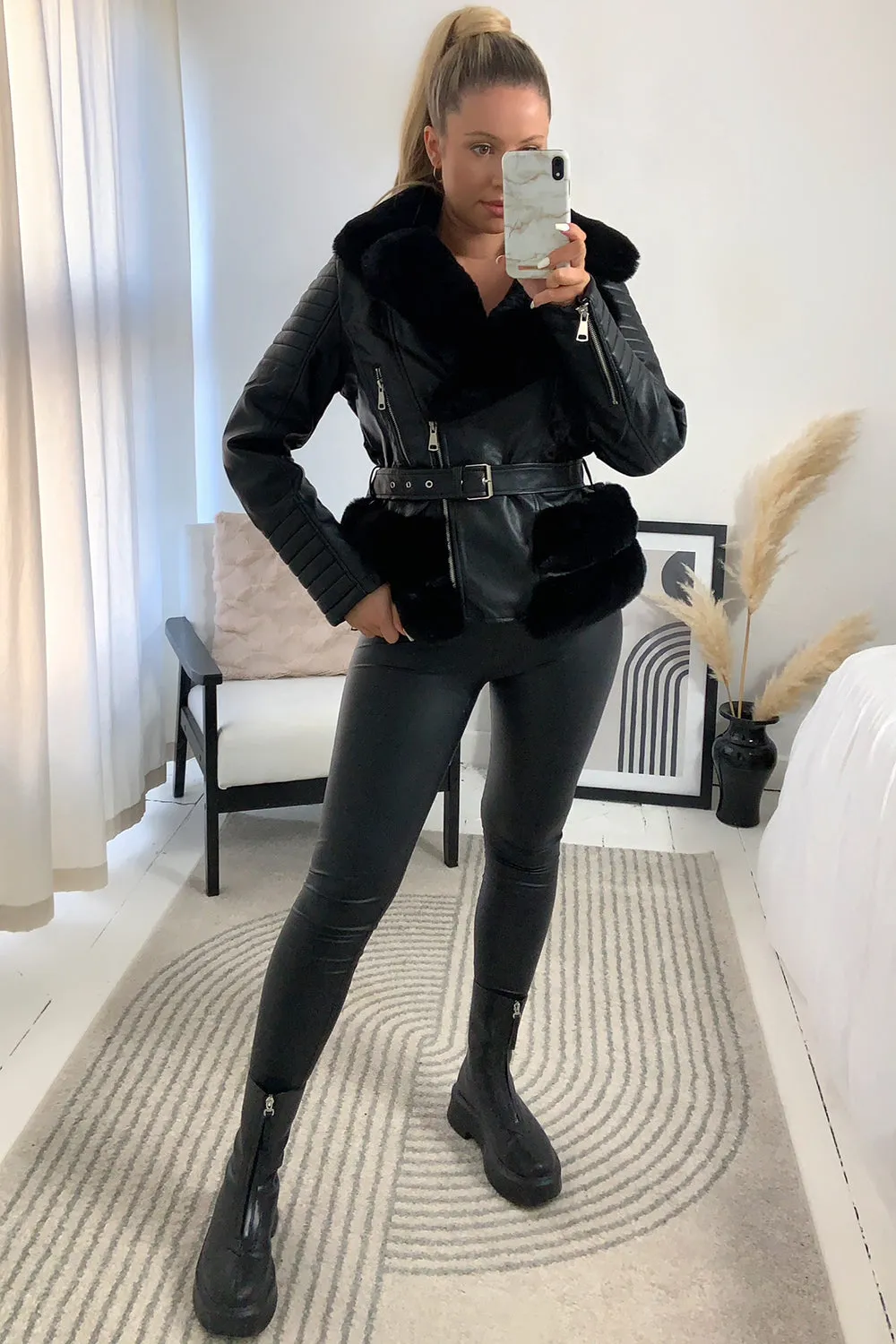 Kensley Black PU Faux Leather Faux Fur Trim Biker Jacket