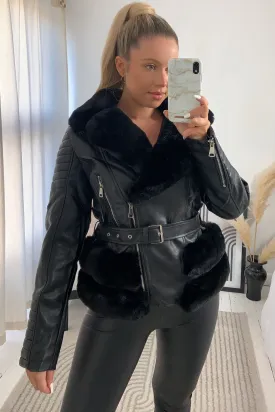 Kensley Black PU Faux Leather Faux Fur Trim Biker Jacket