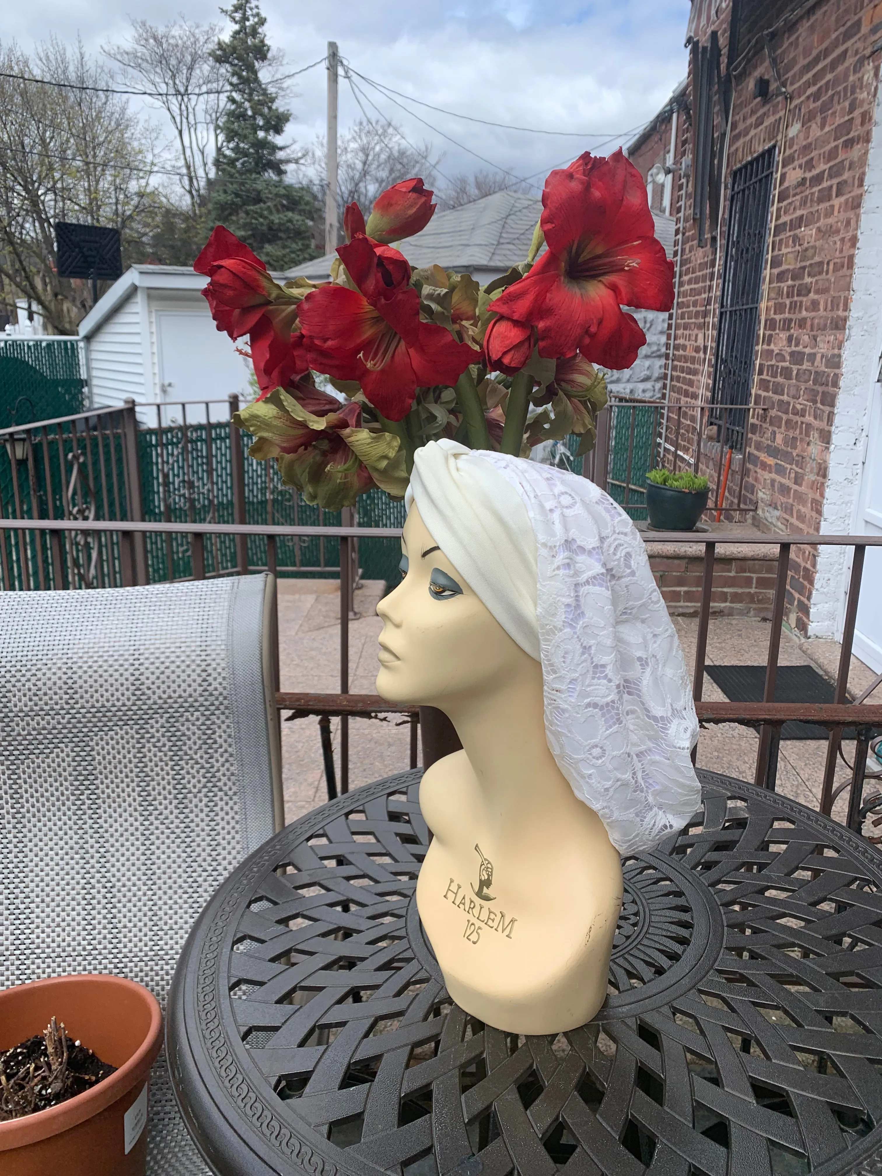 Lace Turban Tichel Head Covering | Light Color Ivory Snood Turban | Fancy Dressy Headscarf For Women | Made in USA