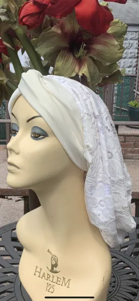 Lace Turban Tichel Head Covering | Light Color Ivory Snood Turban | Fancy Dressy Headscarf For Women | Made in USA