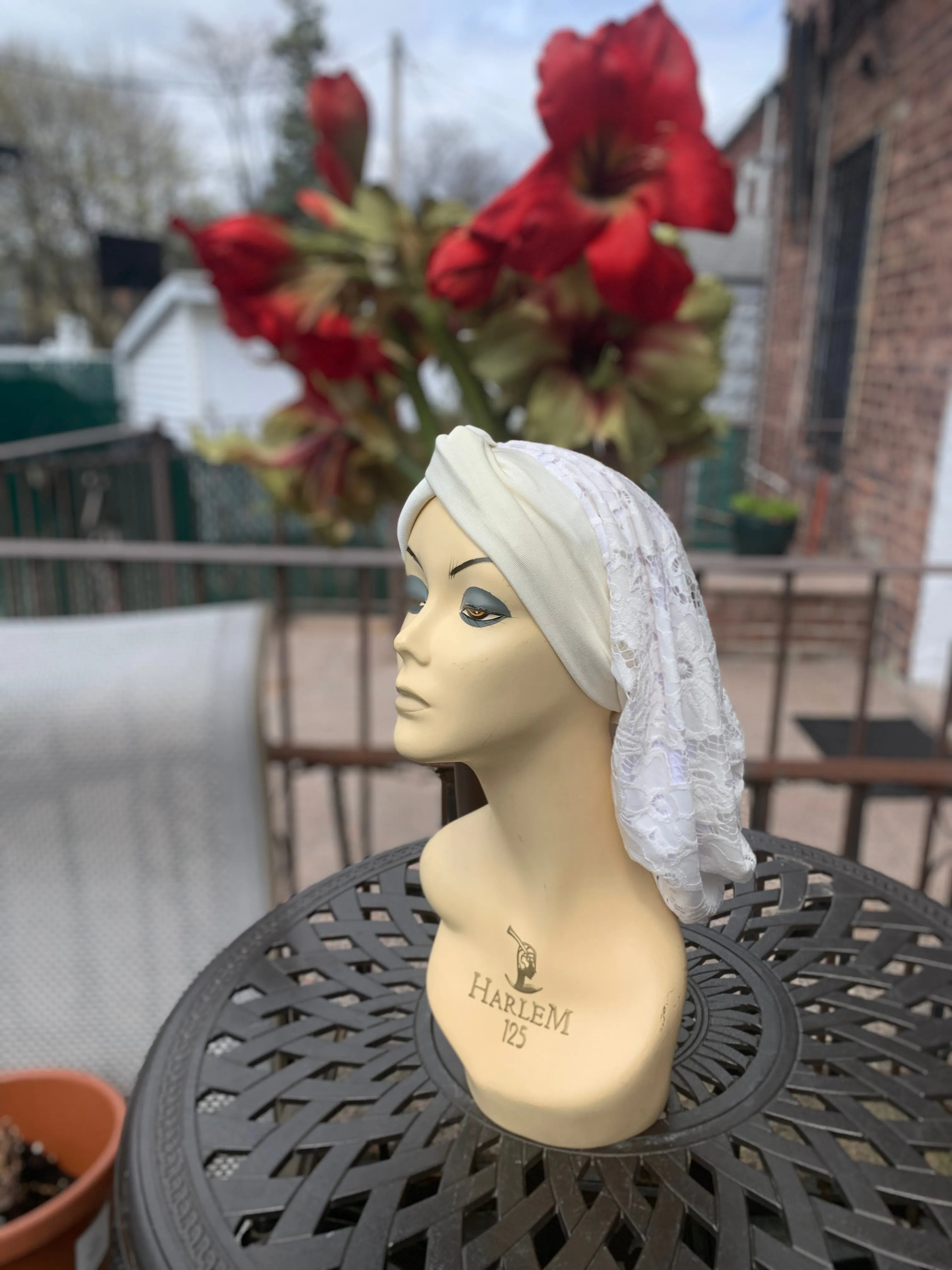 Lace Turban Tichel Head Covering | Light Color Ivory Snood Turban | Fancy Dressy Headscarf For Women | Made in USA