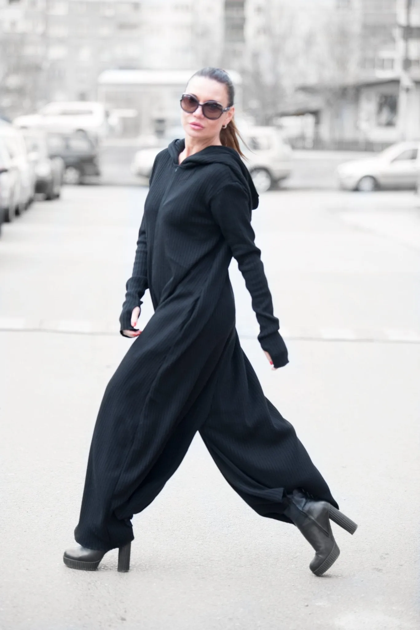 LINA Wool Knitting Hooded Jumpsuit