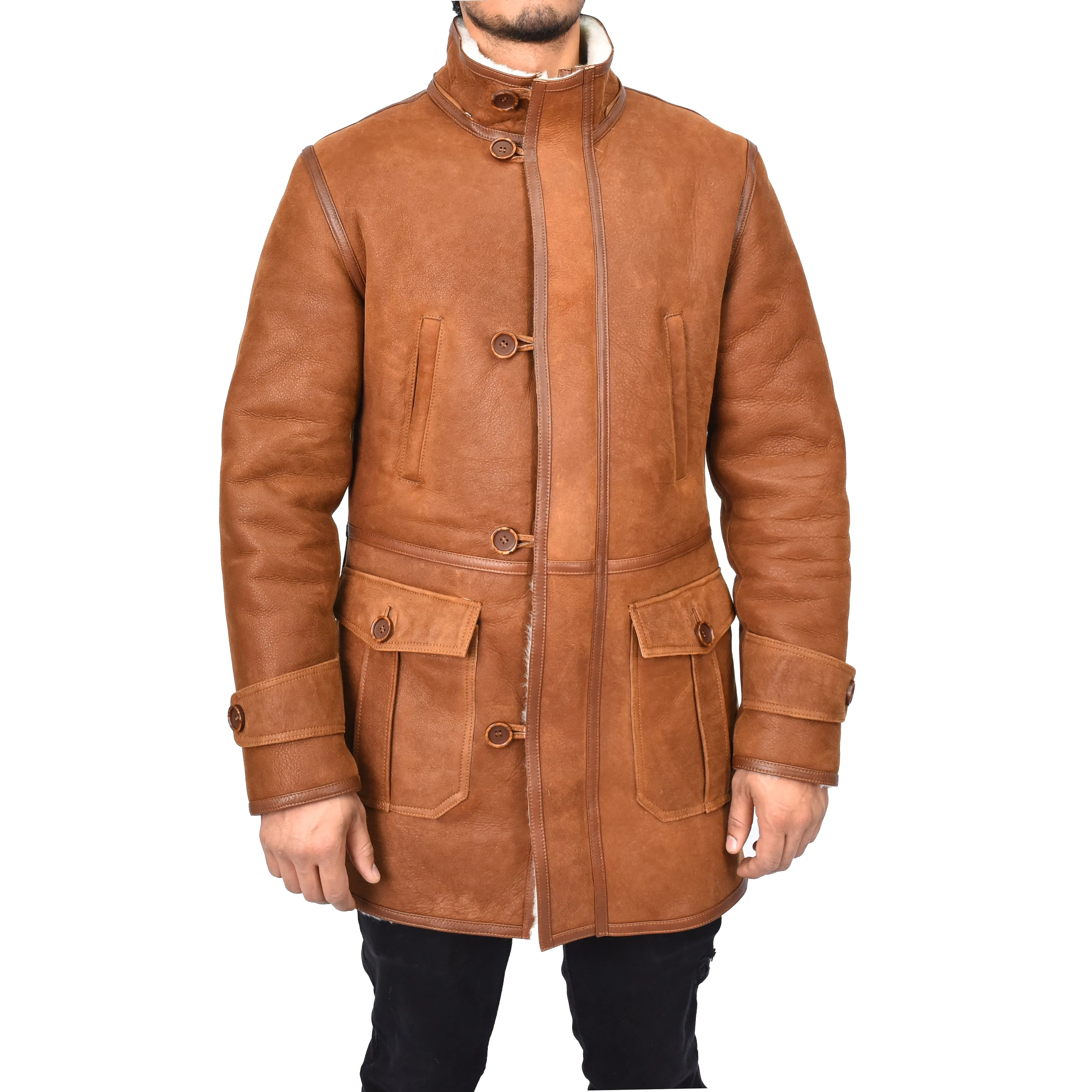 Men's 3/4 Length Real Sheepskin Duffle Coat Whiskey Arn