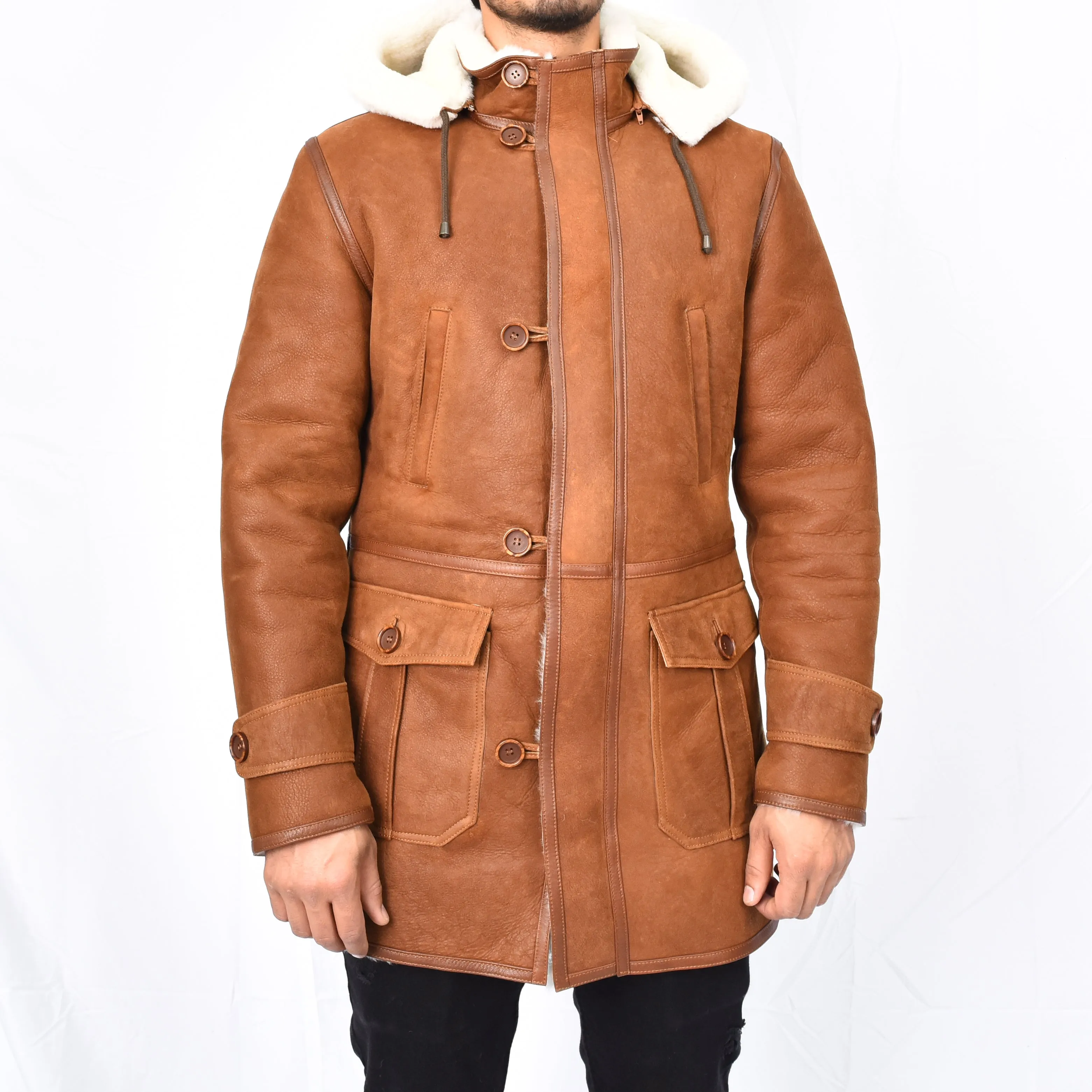Men's 3/4 Length Real Sheepskin Duffle Coat Whiskey Arn