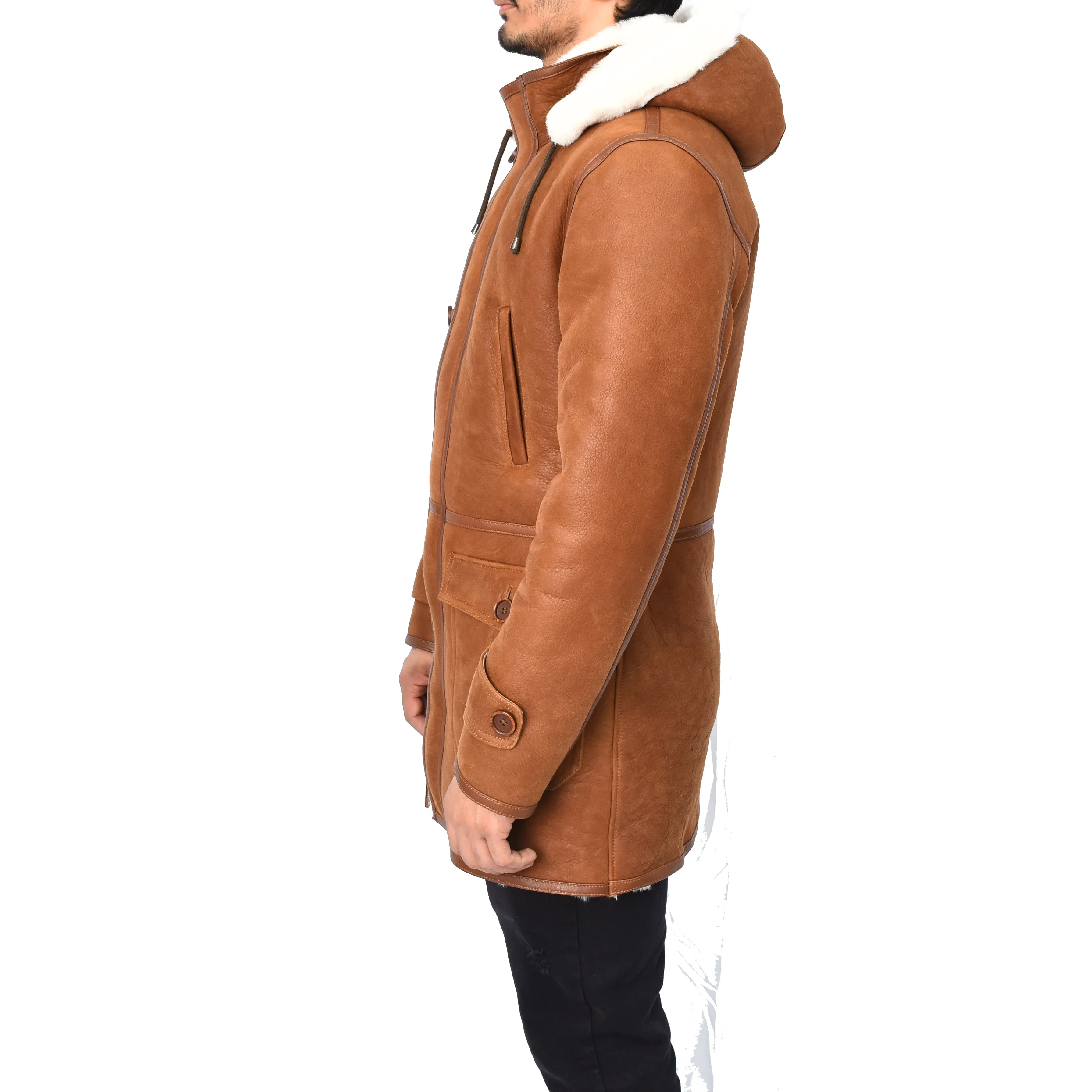 Men's 3/4 Length Real Sheepskin Duffle Coat Whiskey Arn