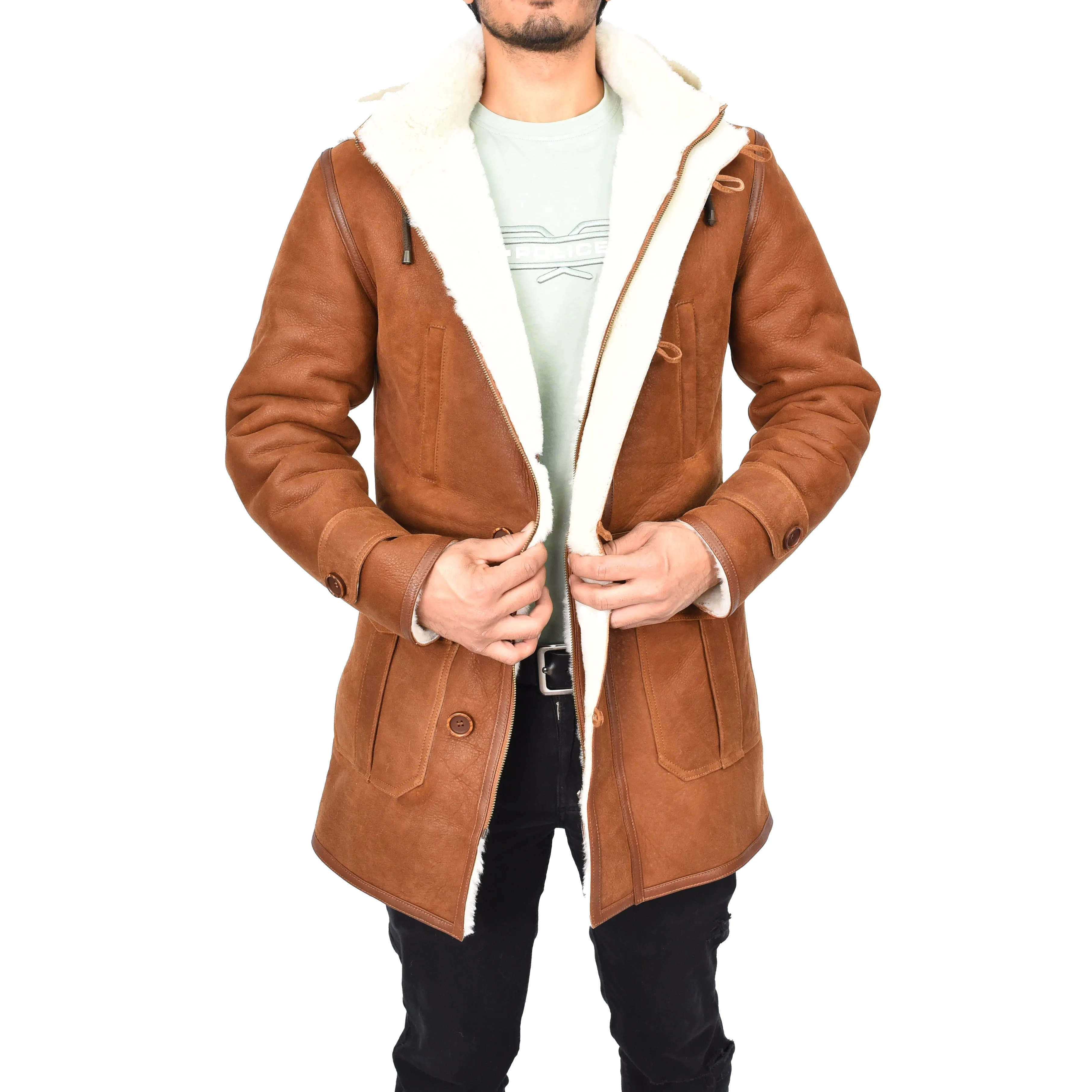 Men's 3/4 Length Real Sheepskin Duffle Coat Whiskey Arn