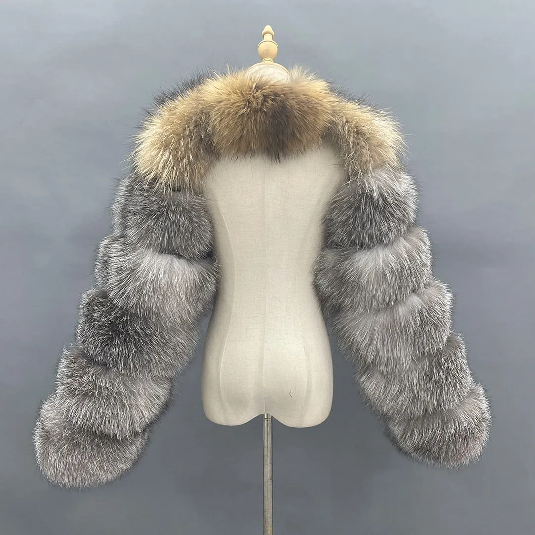 Natural Raccoon/Fox Cropped Luxury Fur Coat