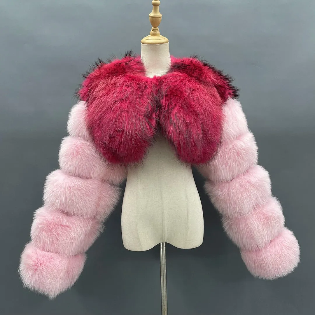 Natural Raccoon/Fox Cropped Luxury Fur Coat