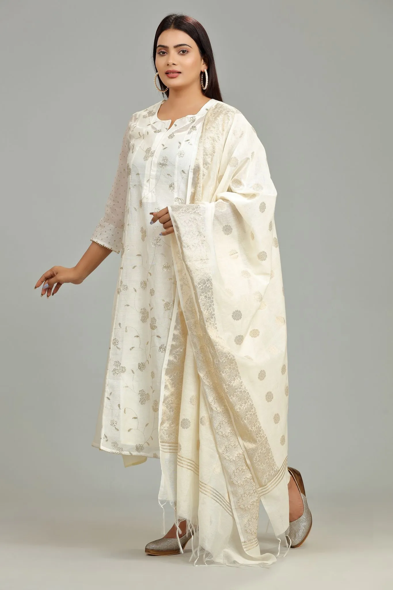 Off White Chanderi A Line Embroidered Kurta Pant Suit Set