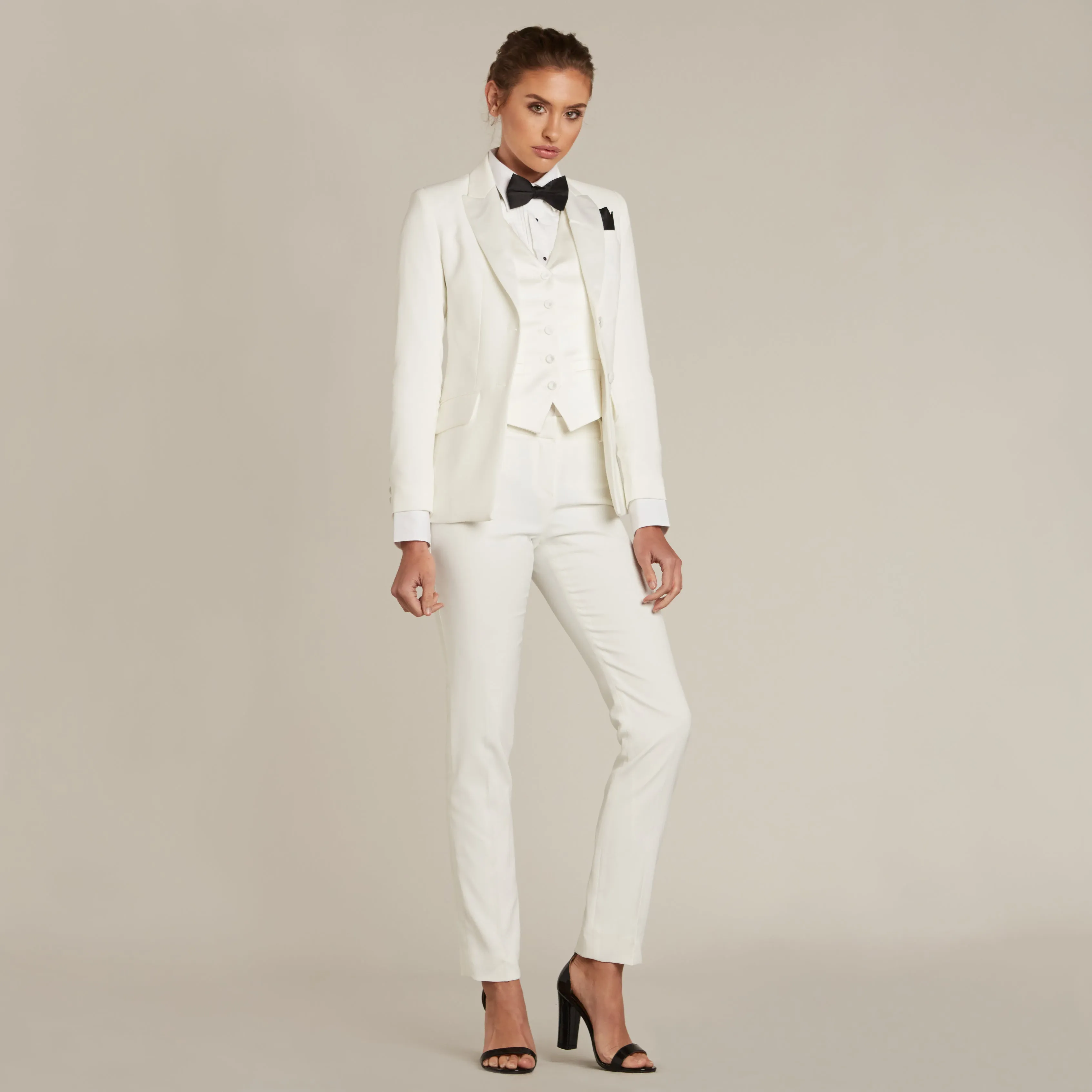Pearl White Slim Fit Tuxedo Pants w/ Satin Back Pocket