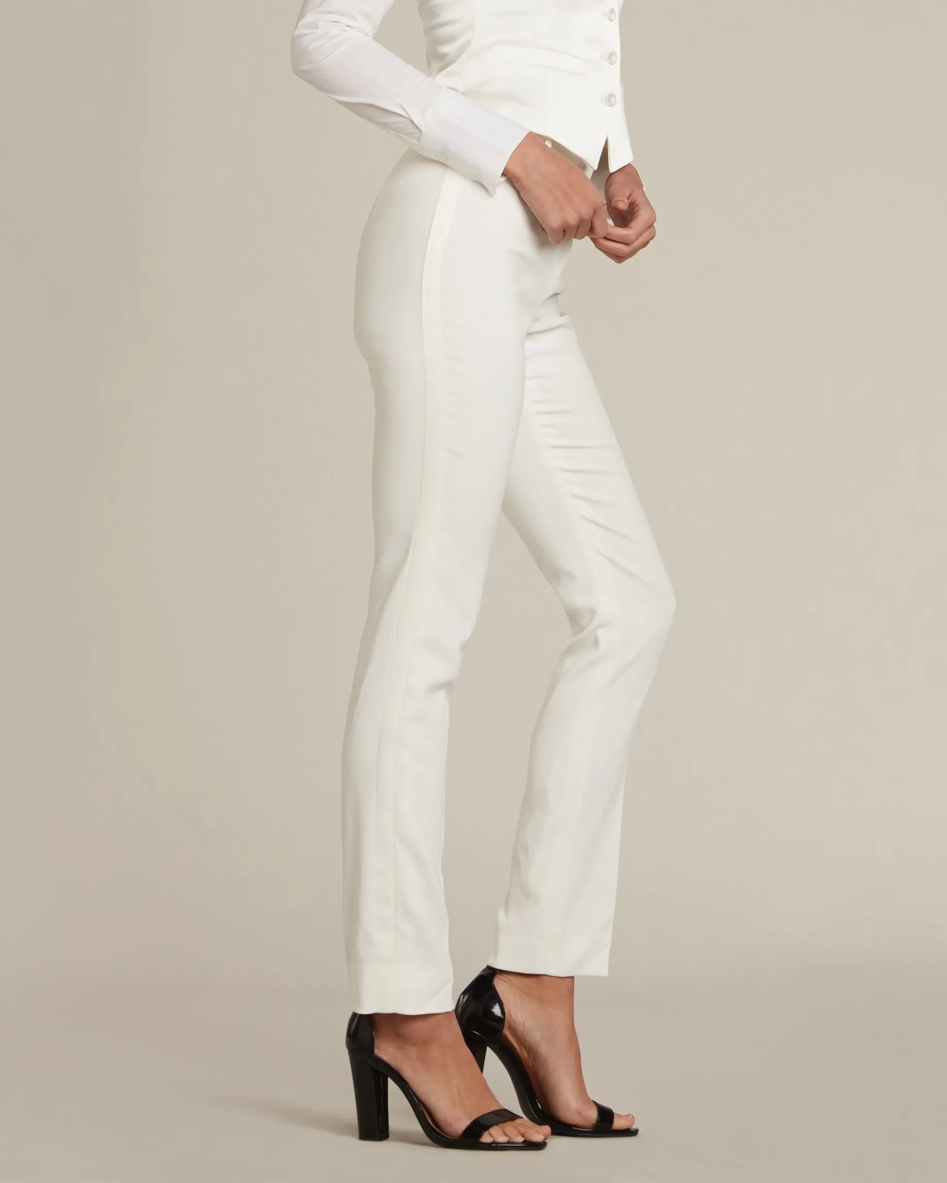 Pearl White Slim Fit Tuxedo Pants w/ Satin Back Pocket