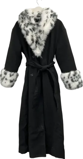 PrettyLittleThing Black Faux Fur Trim Contrast Wool Look Maxi Coat UK 10