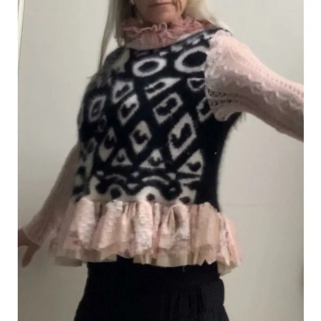 Repurposed Angora Mohair pullover cropped sweater in black, white and pinks. One size
