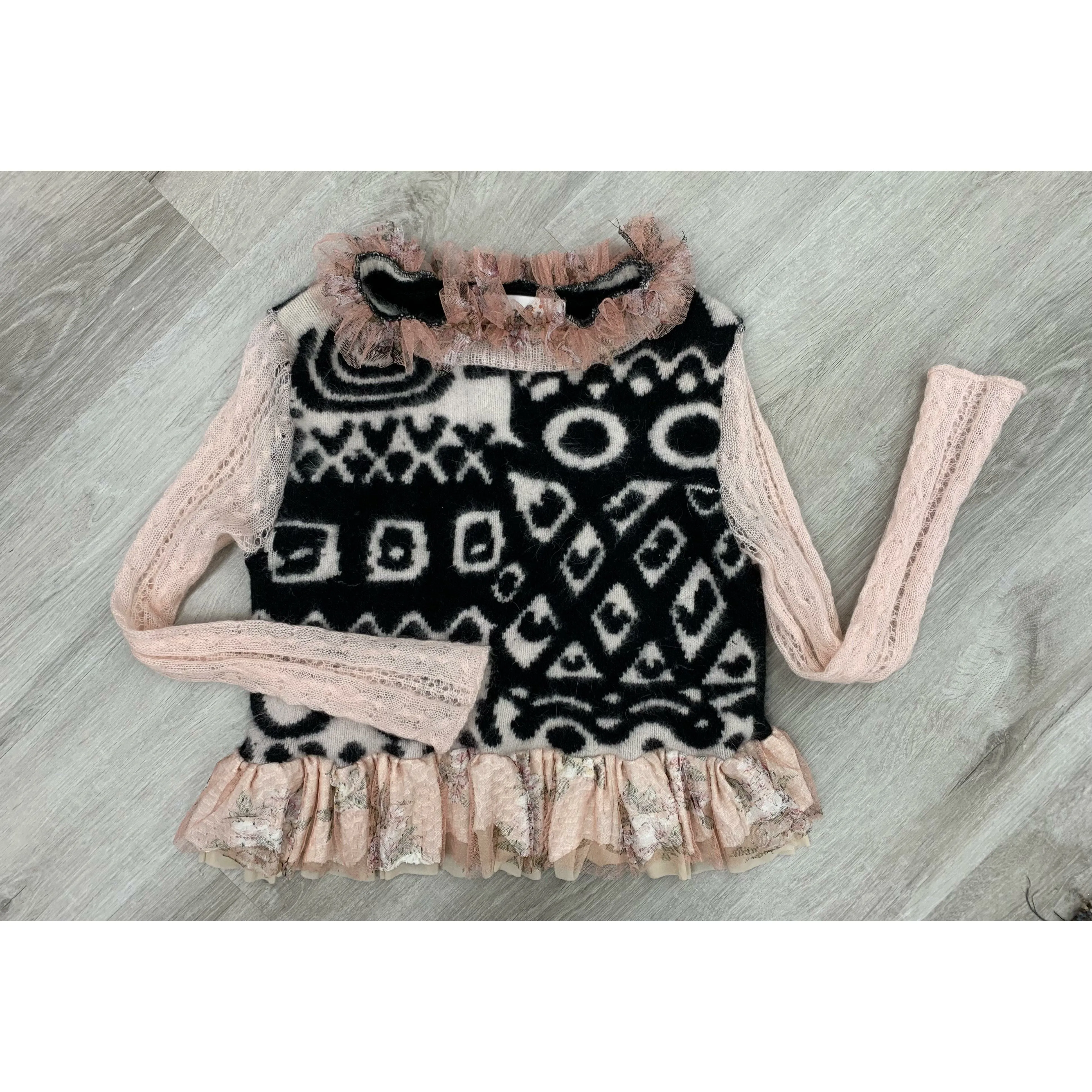 Repurposed Angora Mohair pullover cropped sweater in black, white and pinks. One size