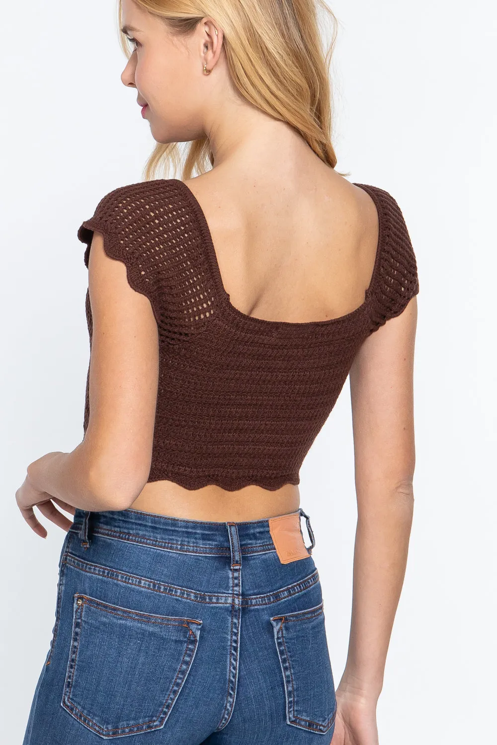 Short Sleeve V-neck Front Knot Detail Sweater Knit Brown Crop Top