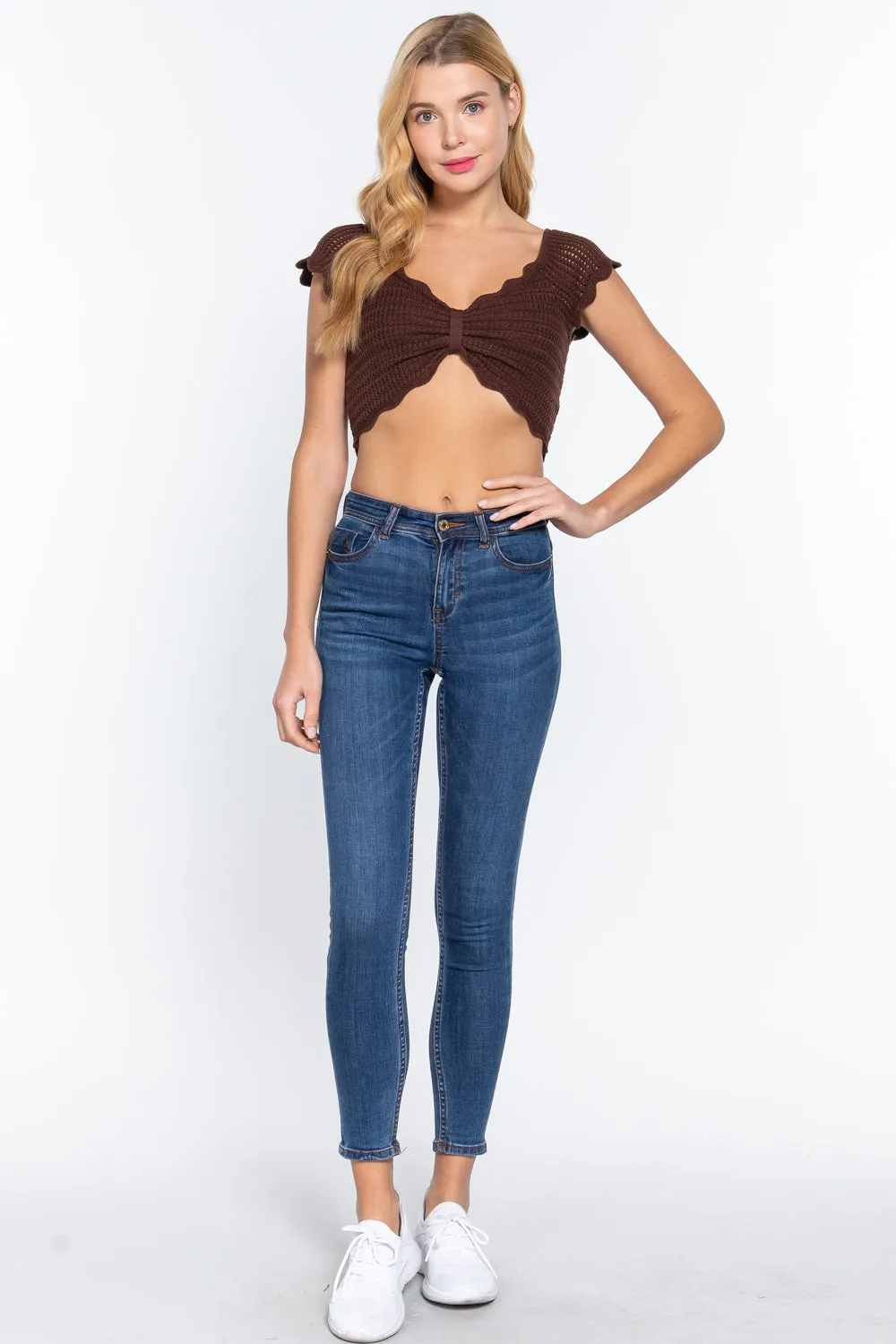 Short Sleeve V-neck Front Knot Detail Sweater Knit Brown Crop Top