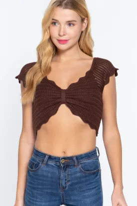 Short Sleeve V-neck Front Knot Detail Sweater Knit Brown Crop Top