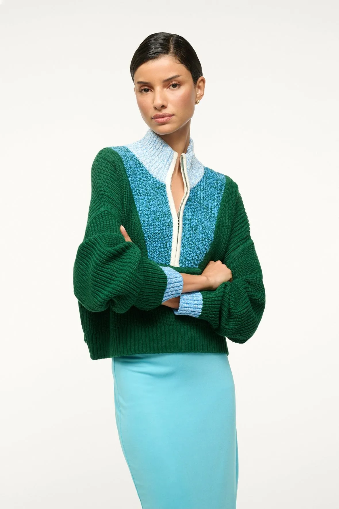 Staud Cropped Hampton Sweater in Jungle/Sky/Ivory