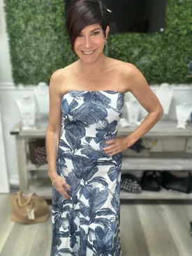 Tube Fit Flare Dress-BLUE & WHITE PALMS