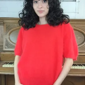 Vintage 90s | Fuzzy Angora Red Orange Short Sleeve Sweater Crop Top | Size M
