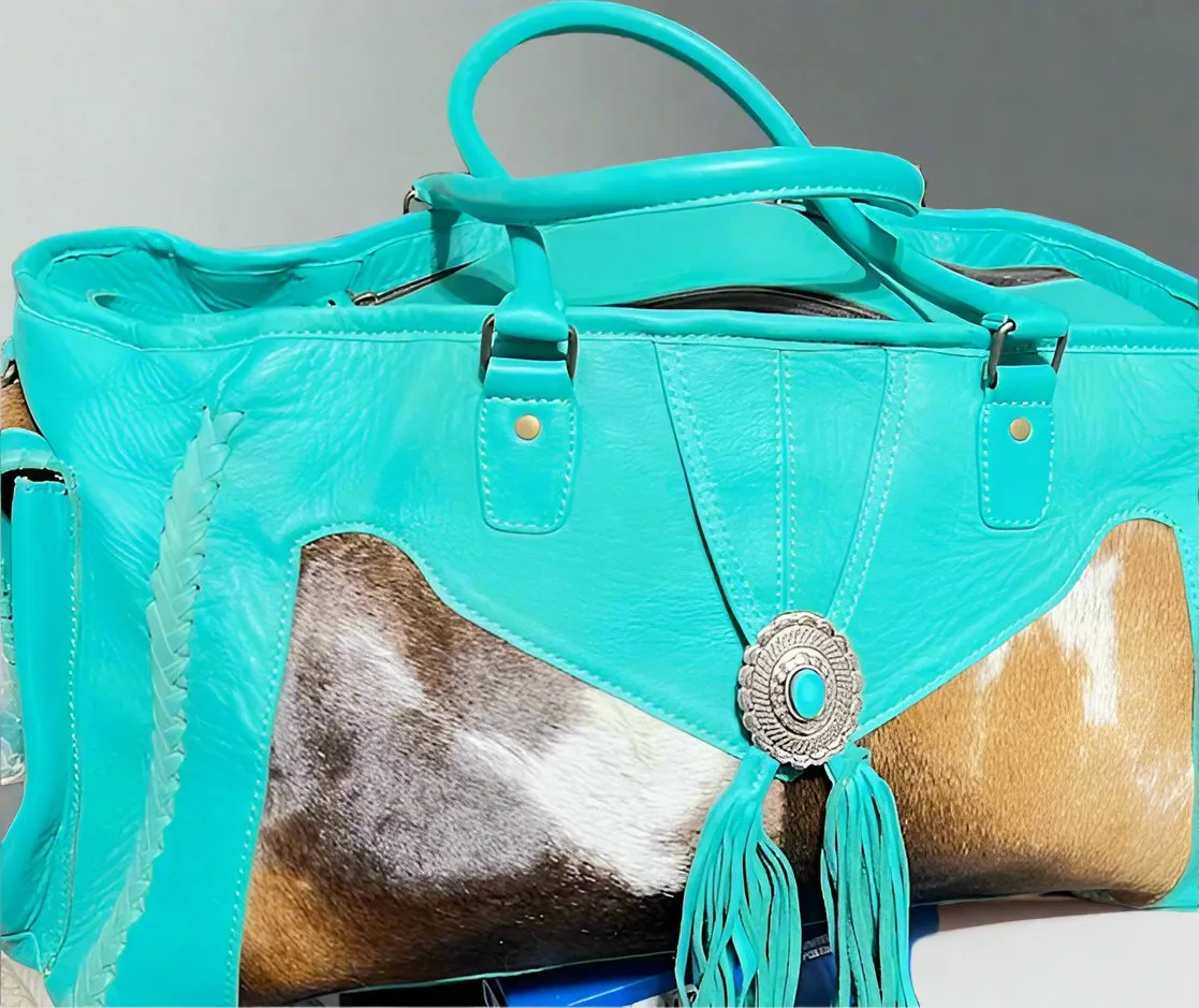 Western Turquoise Hair on Hide Weekender with Fringe